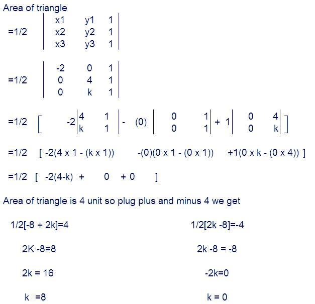 Question 3. Find values of k if area of triangle is 4 sq. units a