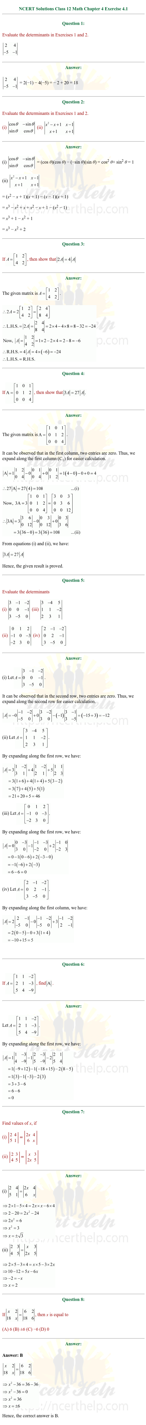 ex.4.1 Class 12 Math Chapter 4 ncert solutions